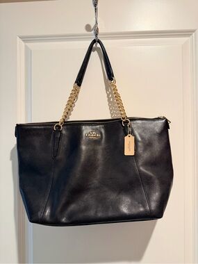 Coach Black Leather Tote with Gold Chain Strap